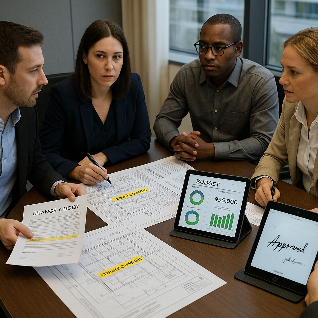 Project managers collaborating on change order budgets and approvals