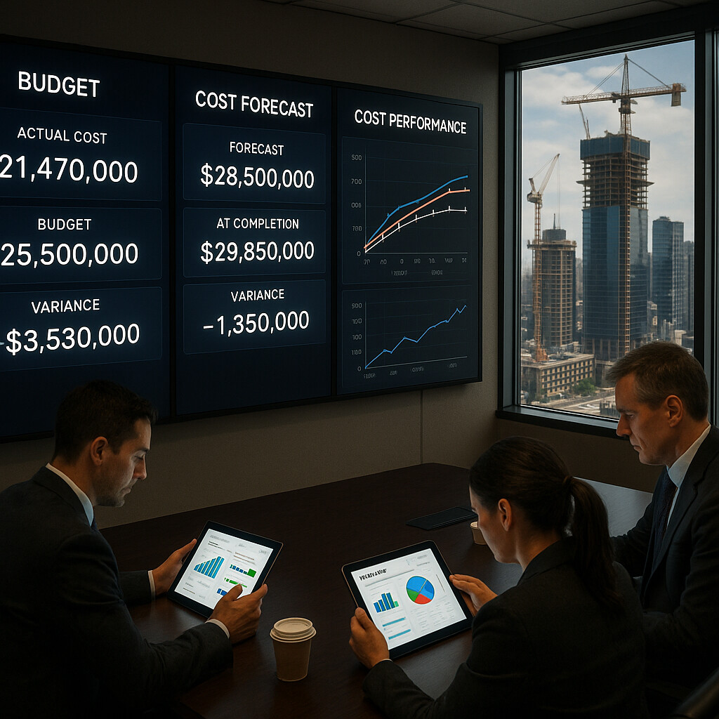 Construction executives reviewing live cost dashboards
