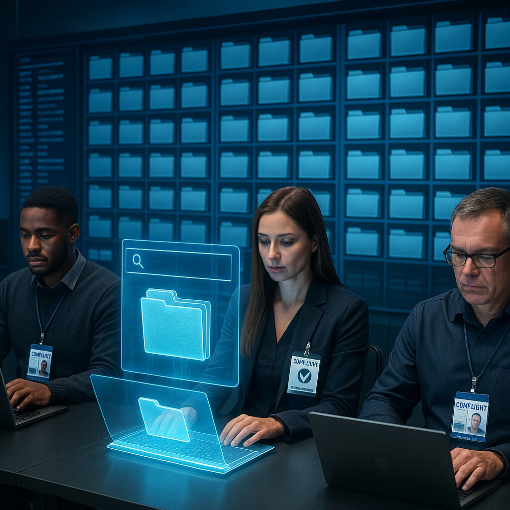 Engineers accessing secure document archives on laptops