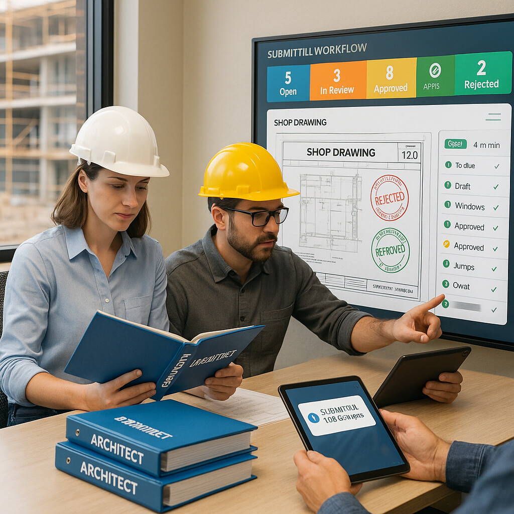 Architects verifying submittal binders with digital workflow screens